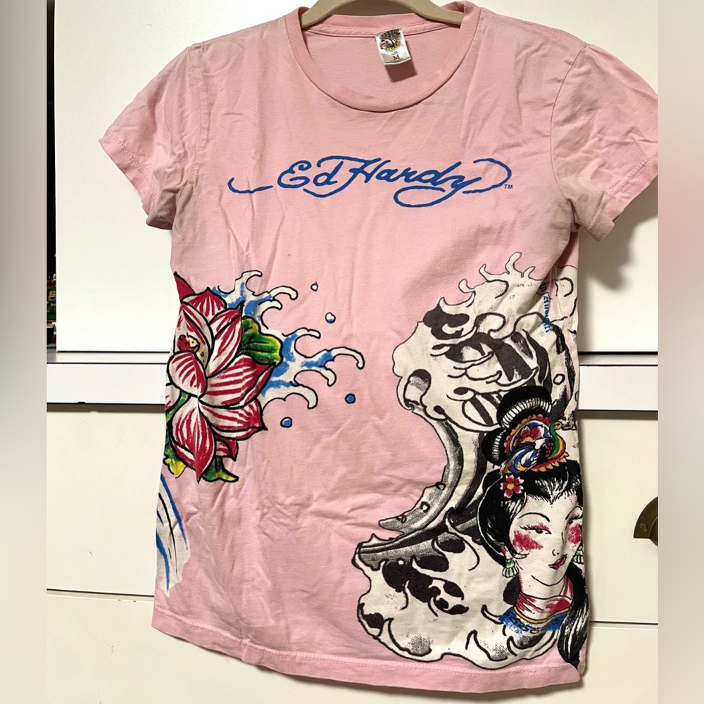 Y2K Ed Hardy pink and blue top